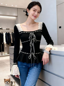 XIYUQI | Lace Insert Korean Style Black Long Sleeve Top
