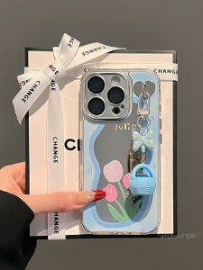 Ốp Lưng Điện Thoại Hình Hoa Tulip Màu Xanh Lam Có Gương Trang Điểm Cho iPhone 16 pro Max 17 pro Max 14 plus 13 pro 12 Mini 11