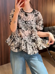 QINGNAER | Korean Style Retro Print Short Sleeve Shirt Large Size Womens Top