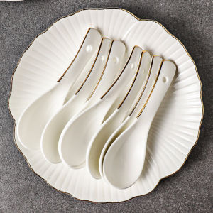 Pure White Ceramic Gold Rimmed Soup Spoon Dining Utensil Small Spoon Restaurant Commercial Use Soup Spoon Household Spoon