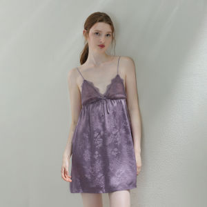 XEXZ | Silk Lace Trim Chemise Nightgown Womens Summer New Style Purple Sleepwear Home Clothes V-neck Short Sleeve Gown Pure Color