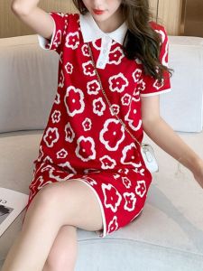 French Red Summer Fashion High End Polo Dress Womens Casual Ice Silk Knitted Mini Skirt Korean Style Loose Waist A-Line Skirt