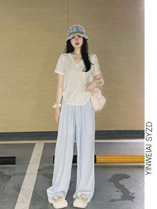 กางเกงขายาวผ้าไหมน้ำแข็งสีน้ำเงิน ทรงหลวม ทรงตรง ทรงสลิมฟิต สำหรับผู้หญิง กางเกงขายาวทรงหลวม ทรงยาว ทรงบาง ฤดูร้อน 175 ซม.