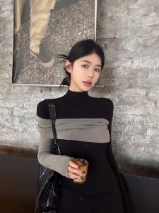 Slim Fit Long Sleeve T-Shirt Womens Autumn Winter Fashion Contrast Color Half High Collar Top Commute Style Korean Version