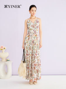 YINER | Elegant V-Neck Art Print Silk Dress