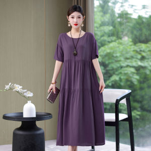 ชุดเดรสผ้าไหมคอตตอนระดับไฮเอนด์สำหรับคุณแม่วัยกลางคน แขนสั้น ทรงหลวม ทรงเอ คอตตอนผสม ทรงเอ ทรงเข้ารูป ฤดูร้อน 2024