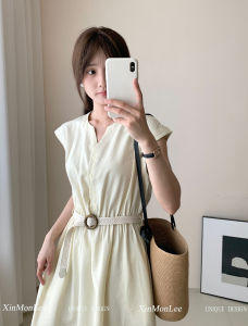 French Vacation Style V-Neck Waist-Cinching Dress Womens Summer New Belted Sleeveless Slimming Overhead Long Dress