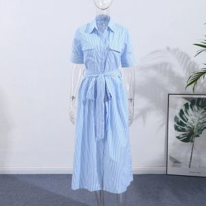 Elegant Womens Striped Long Dress Summer Lace Up Turn-Down Collar Single-breasted Blue A-line Dresses 2026 Lady Holiday Robes