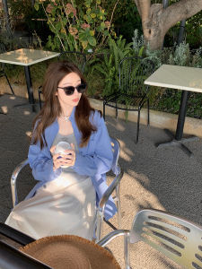 Blue Plaid Shirt Womens Casual Style Long Sleeve Cotton Pure Color Fashionable Versatile French Style Collar Stand up Shirt