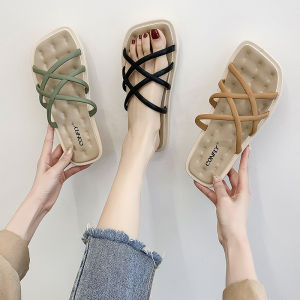 ใหม่รองเท้าแตะส้นแบนสําหรับสุภาพสตรีในร่มกลางแจ้ง ฤดูร้อน แฟชั่น กันลื่น รองเท้าแตะห้องน้ําสไตล์โรมัน สไตล์เกาหลี สลิปออนสีบริสุทธิ์