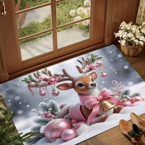 VIKAMA Christmas Pink Moose Cartoon Entryway Floor Mat Christmas Cute Decorative Carpet Holiday Atmosphere Decoration