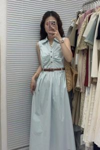 Summer Minimalist Elegant Sleeveless High Waist Elegant Button Lace-up Shirt Dress Womens Mid Length Long Length Waist-Tight A- line Skirt