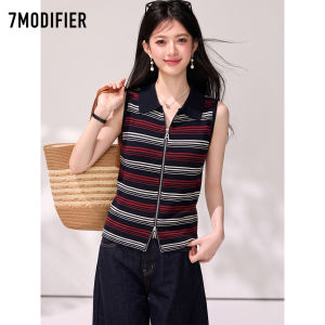 7.Modifier | Áo Thun Polo Cổ Có Dây Kéo Đôi In Sọc Đối Lập