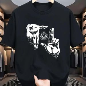 2025 Summer Mens Polyester Casual Breathable Round Neck T-shirt with Gesture Eye Personalized Pattern Printed Outdoor Top