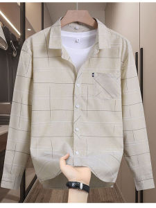 Autumn Thin Mens Casual Shirt 2025 Trend Slim Fit Plaid Top Youth Versatile Long Sleeve Shirt Comfortable Cotton Polyester