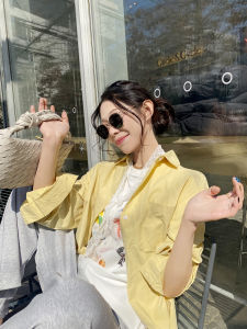 FEELROOM Loose Casual Long Sleeve Shirt with Pocket Back Embroidered Letter Design Korean Style Pure Color Sun Protection Top