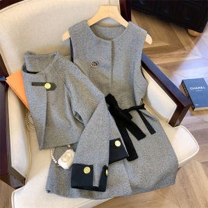 ชุดสองชิ้นสุดหรูหราสำหรับผู้หญิงในฤดูใบไม้ร่วง ชุดเดรสลายสก็อตสุดหรูพร้อมแจ็คเก็ตสุดหรู ชุดแฟชั่นสุดหรูสำหรับผู้หญิง