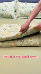 Bộ chăn ga đũi 5 món Hàn Quốc chất cotton đũi mềm mịn thoáng mát ga giường bo chun hoạ tiết Vintage đủ kích thước