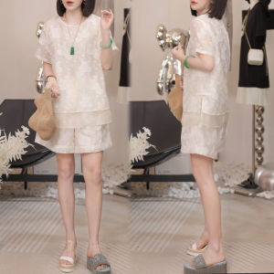Shalldoer | French Luxurious Fashion Set Women Summer New Floral Embroidery Round Neck Short Sleeve Casual Wide Leg Shorts Two Piece Set