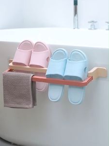 Slipper Rack Without Punching Bathroom Wall Mounted Multifunctional Double Layer Pull-out Foldable Towel Rack Towel Holder Wall Mounted Slipper Rack Organizer Creativity Non Punching Slipper Rack Bathroom Rack