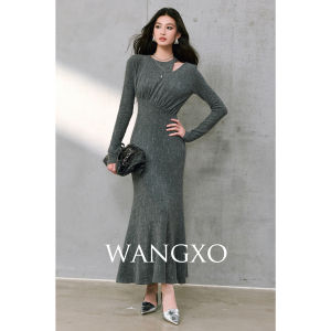 WANGXO | Đầm Xòe Co Dãn Tốt Có Kim Sa Vai Trễ Ôm Eo