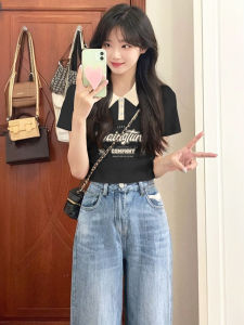 เสื้อยืดคอกลมแขนสั้นผ้าฝ้ายแท้สีดำ ทรงหลวม ทรงเข้ารูป สำหรับผู้หญิง แฟชั่นฤดูร้อน 2025 เสื้อยืดคอกลมแขนสั้นลายพิมพ์สไตล์เกาหลี