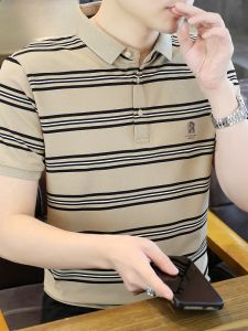 HENGYUANXIANG | Hengyuanxiang Mens Short Sleeve Polo Shirt Casual Striped T-shirt Summer Color Block Collar Half Sleeve Dad Clothes Top