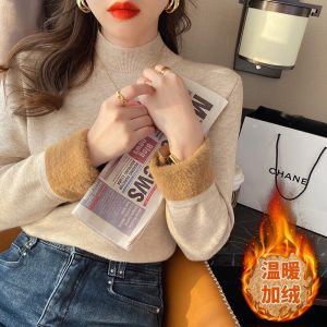 เสื้อชั้นในผู้หญิงหนาและอบอุ่นสำหรับฤดูใบไม้ร่วงและฤดูหนาว เสื้อสเวตเตอร์คอปกต่ำแบบหนาปะการัง เสื้อชั้นในถักแบบสวมหัว