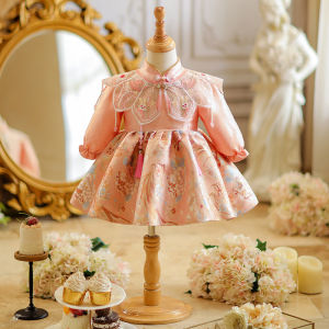 One Year Old Baby Girl Chinese Style Long Sleeve Cheongsam Qipao Romper Bottom Clothes Pink Colorful Print Autumn Spring Wear