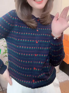 SUOXIMENG | Large Size Dark Blue Floral Print Round Neck Top Womens Fashion Trend Sweet Youthful Style Commute Loose Fit Long Sleeve