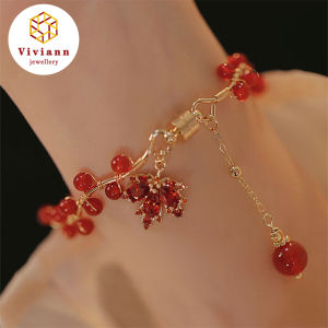 Viviann Original Red Maple Leaf Bracelet New Vintage Red Agate Maple Leaf Luxury Bangles Womens Jewelry New Maple leaf Pendant Bracelets for Women Vintage Red Zircon Bracelet Party Jewelry Accessories Gifts New Years Gift