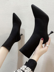 Spring Autumn Knitted High Heel Bootie Womens Slim Fit Elastic Stocking Boots Pointed Toe Martin Bootie Rubber Outsole