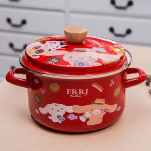 Thickened Enamel Pot Red Double Ear Food Grade Pork Fat Storage Small Soup Pan Home Use Flat Bottomed for Cooking Meat And Noodles