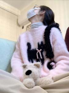 Womens Knitted Sweater round Neck Pullover Thickened Winter Style Butterfly Knot Cartoon Cat Design Casual Warm Long Sleeve Top