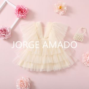 Kids Girl New Summer Tulle Party Dress V-neck Layer Knee Length Beige Princess Dresses Birthday Wedding Formal Clothes E0408-2