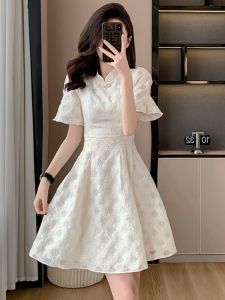 New 2026 Summer White Short Cheongsam Dress Chinese Style Womens Mini Dress Slimming Skirt Ladylike Polyester Fabric Bell Sleeve