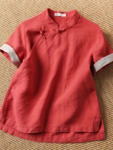 Zimo Qinghe ~ New Chinese Style Retro Red Stand-up Collar Chinese Knot Button Shirt Womens Short Sleeve Zen Cotton Linen Tea Clothing Top