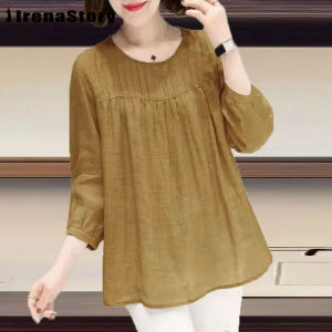 Wou & EY Áo Sơ Mi Nữ cho phụ nữ một màu bằng cotton Vòng Áo Áo Blouse vải lanh O cổ áo rộng cỡ lỡn Áo