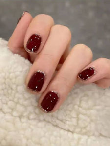 Burgundy Glitter Almond Press On Nails 24 Pcs Fall Winter False Nails Full Cover Glue on Stiletto Coffin Shape for Women Party