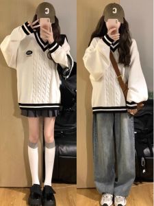 British College Style Knitted Sweater V-Neck Womens Fashion Gentle Small Size Autumn Winter New Arrival Lazy Style Top