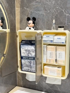 KUKI Wall mounted tissue box transparent storage rack cosmetics storage box bathroom non perforated storage cabinet