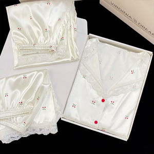 Summer New Sweet Cherry Print Lace Ice Silk Sleepwear Women Three-piece Set Short Sleeve Long Pants Home Clothes