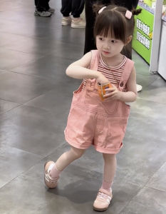 Summer New Womens Color Stripe Vest Pink Strap Shorts Set Cute Two-Piece Set for Medium And Large Children Baby Girl Clothes