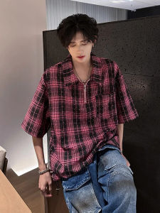 OUMULONG | Half-Zip Sequined Check Shirt Short Sleeve