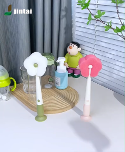 DIY1 ชิ้น 3-In-1 รูปร่างดอกไม้ด้ามยาวแปรงทําความสะอาดแก้วพร้อมฐานถ้วยดูดแปรงที่ถอดออกได้มีให้เลือก2สีเขียว/ชมพู