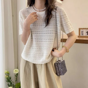 เสื้อคลุมกันแดดผ้าไหมน้ำแข็งถักแบบหลวมๆ สำหรับผู้หญิง แขนสั้น ทรงหลวมๆ ทรงเข้ารูป เสื้อชั้นในแบบลำลอง ฤดูร้อน 2024