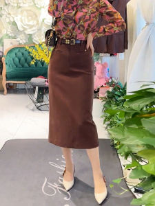 Chic Vintage Commuter Style High Waist Straight Leg Suit Skirt Coffee Color Autumn New Arrival Womens plus Size Half-length Skirts