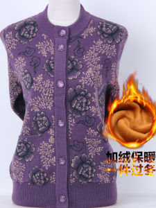 Middle-Aged and Elderly Womens Autumn Clothing Grandmas Clothes Knitting Sweater Cardigan Fleece-lined Thickened Ladieswear Woolen Sweater Winter Coat Tops