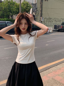 Áo Thun Tay Ngắn Cổ Tròn Màu Trắng Mùa Hè Cho Nữ Dáng Ôm Vừa Vặn Thấm Hút Mồ Hôi Chất Liệu Cotton Pha Trộn Áo Thun Thường Ngày