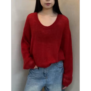 QINGNAER | Oversized Versatile Simple Lazy Style Red Knit Sweater